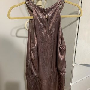 XSCAPE shimmer dress in purple and silver